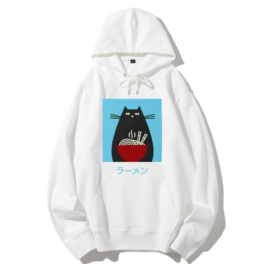 Black cat likes to eat Lamian Noodles Cotton Hoodie