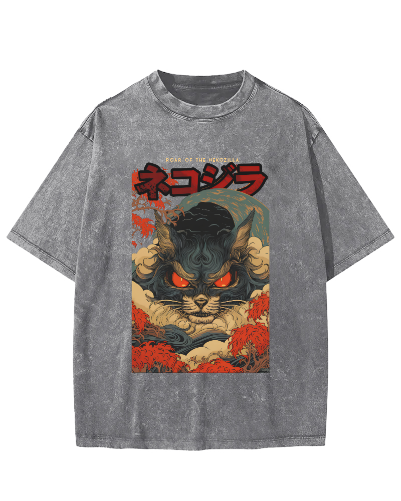 Monster Cat Japanese Style Vintage Washed T-shirt-Zazasy