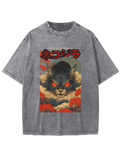 Monster Cat Japanese Style Vintage Washed T-shirt-Zazasy