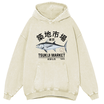 Japanese Seafood Market Salmon Vintage Distressed Hoodie-Zazasy