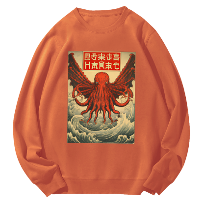 The Japanese style octopus monster in the huge waves Round Neck Sweatshirt-Zazasy