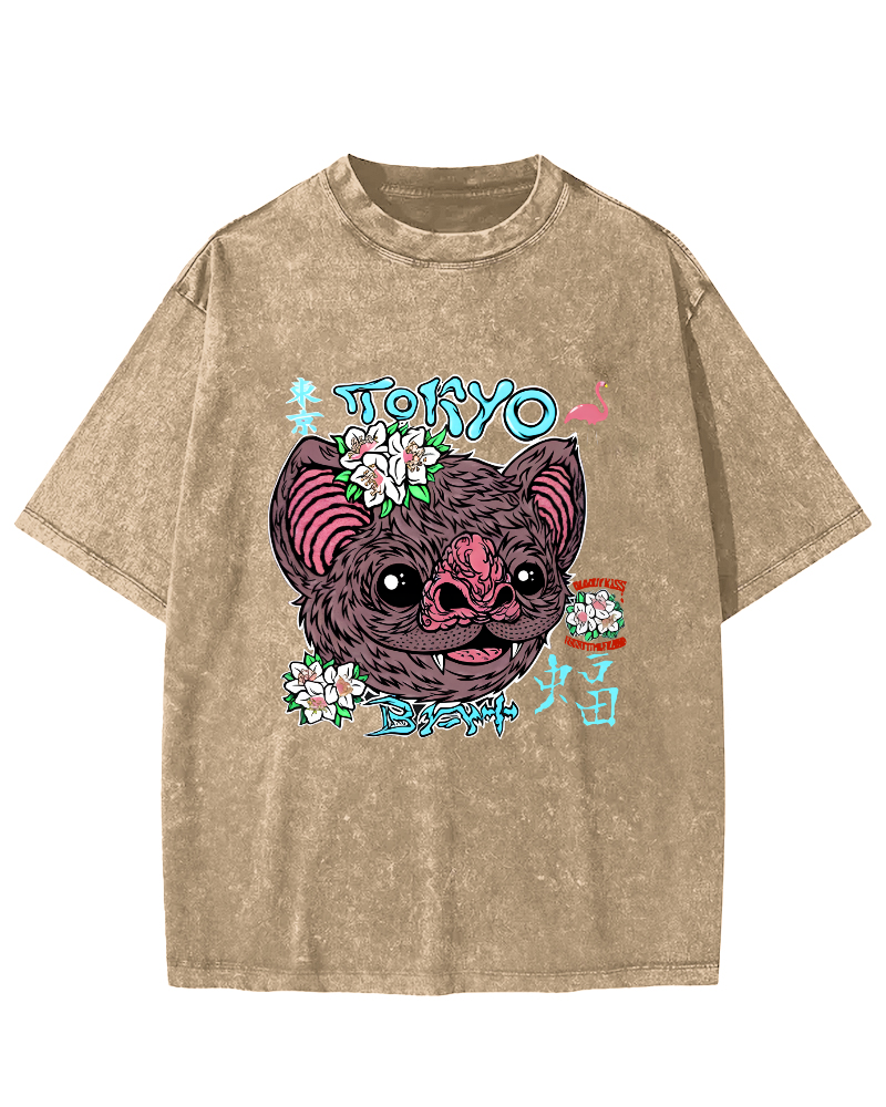 Tokyo Bat Vintage Washed T-shirt-Zazasy