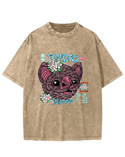 Tokyo Bat Vintage Washed T-shirt-Zazasy