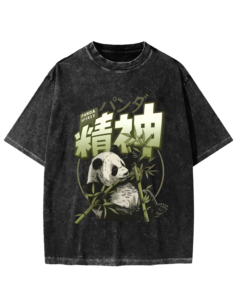 Panda Who Loves Bamboo, Japanese Style Vintage Washed T-shirt-Zazasy