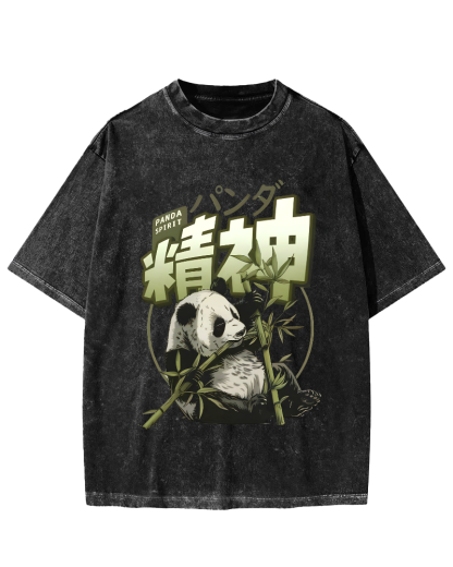 Panda Who Loves Bamboo, Japanese Style Vintage Washed T-shirt-Zazasy