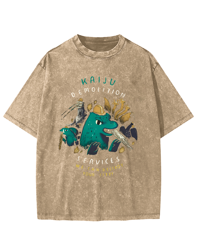 Cartoon Dinosaur Leisure Vintage Washed T-shirt-Zazasy