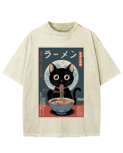 Black Cat Eating Ramen Vintage Washed T-shirt