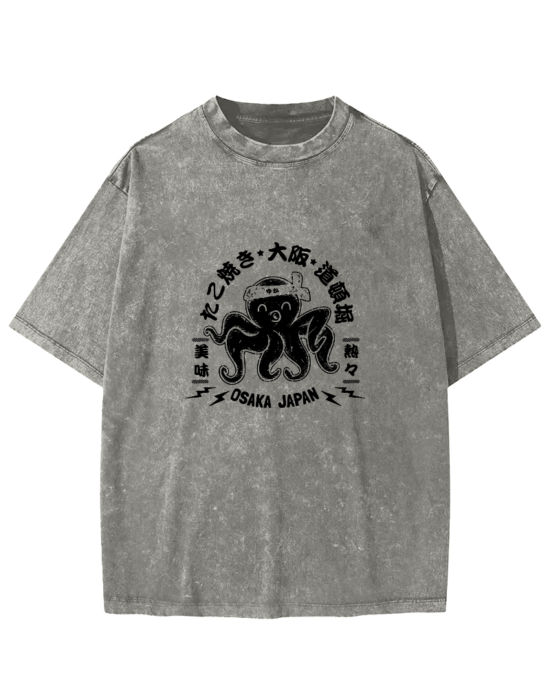 Japanese Script Octopus Pattern Vintage Distressed T-shirt-Zazasy