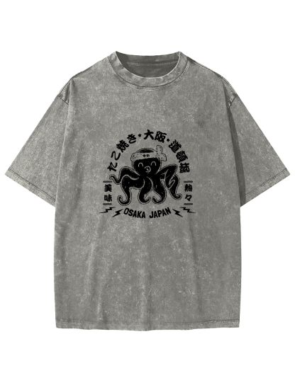 Japanese Script Octopus Pattern Vintage Distressed T-shirt-Zazasy