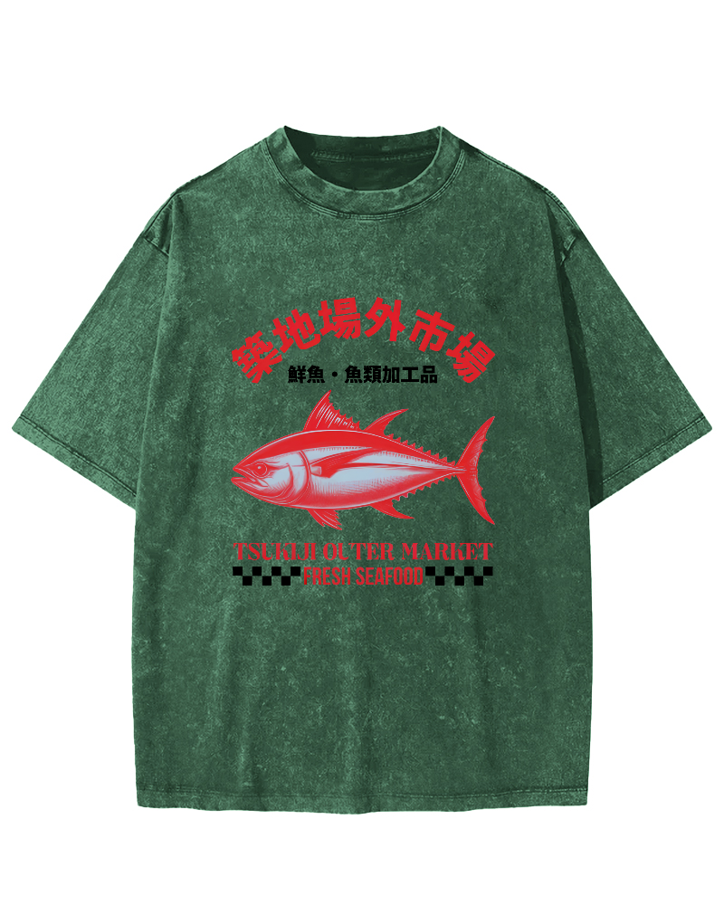 Japanese Sea Fish Script Vintage Distressed T-shirt-Zazasy
