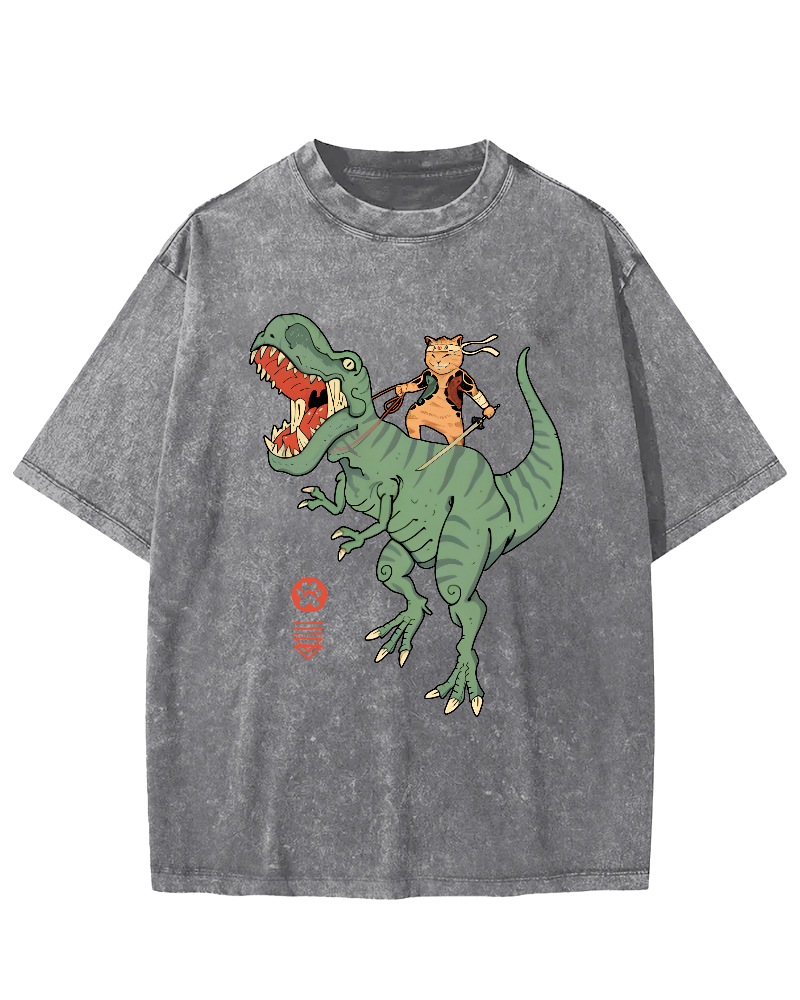 Japanese Style Warrior Cat Riding a Dinosaur Vintage Distressed T-shirt-Zazasy