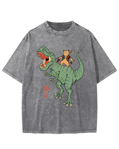 Japanese Style Warrior Cat Riding a Dinosaur Vintage Distressed T-shirt-Zazasy