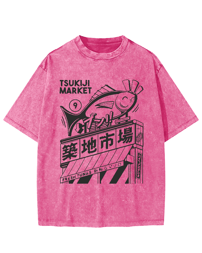 Tsukiji Seafood Market Vintage Washed T-shirt-Zazasy