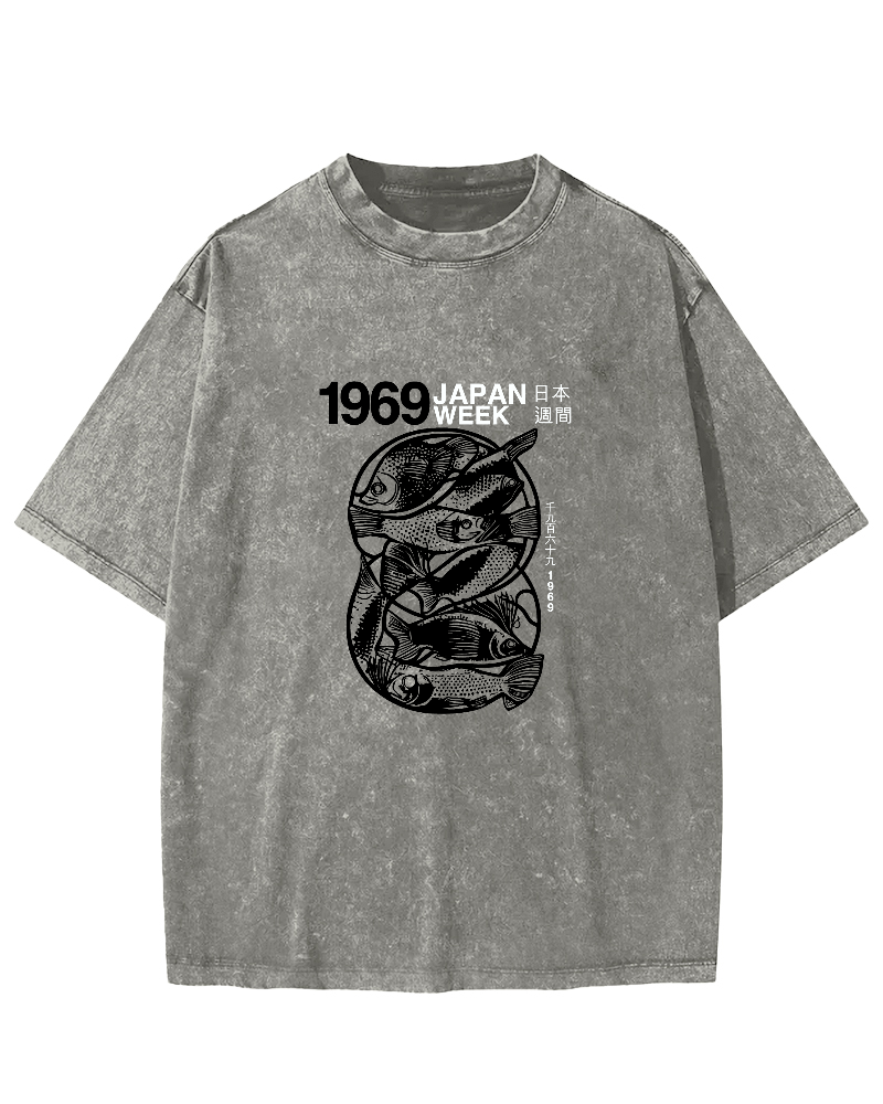 Japanese Script Fish Pattern Vintage Distressed T-shirt-Zazasy