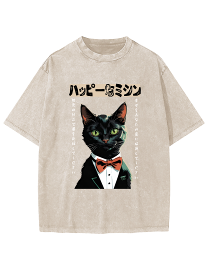 Abstract Character Cat Japanese Style Vintage Distressed T-shirt-Zazasy