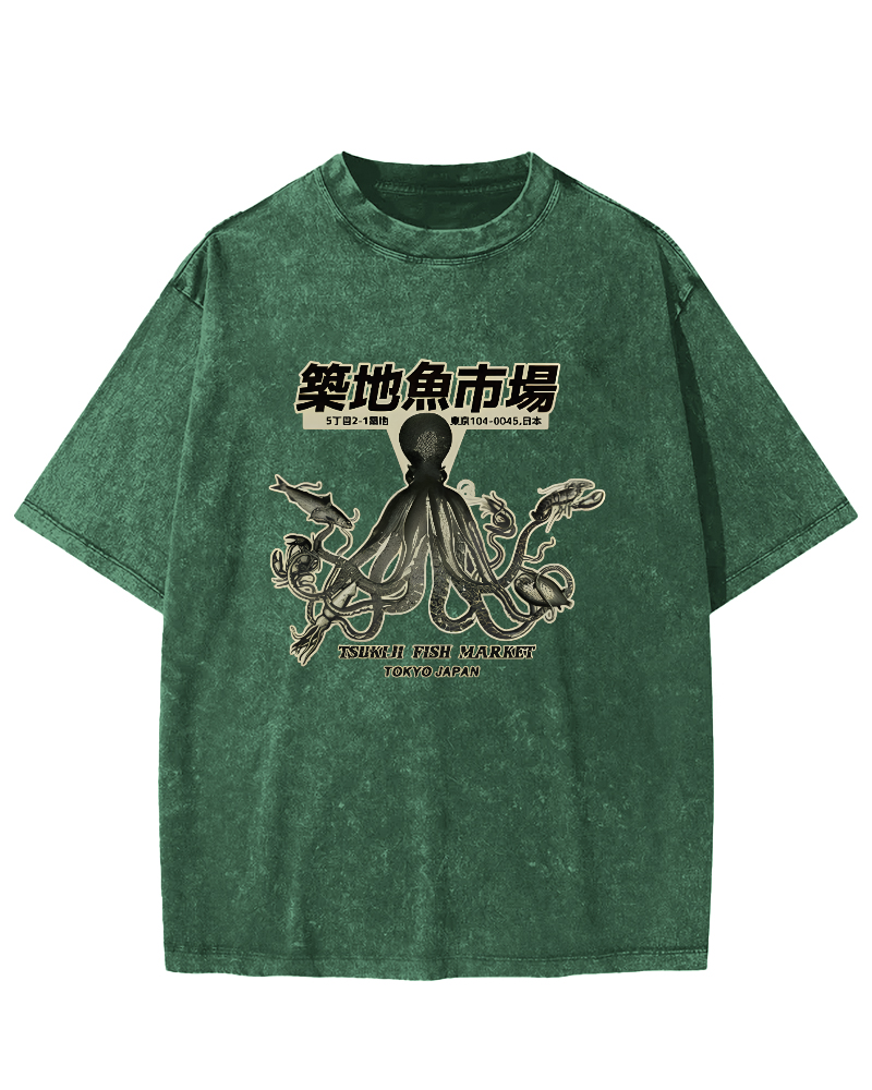 Japanese Octopus Pattern Vintage Distressed T-shirt-Zazasy