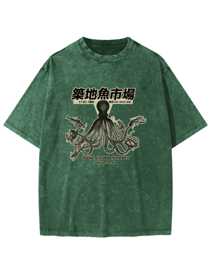 Japanese Octopus Pattern Vintage Distressed T-shirt-Zazasy