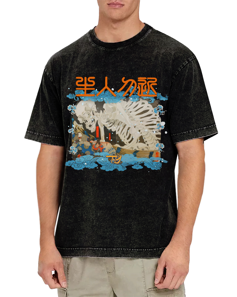 Skeleton Japanese Vintage Washed T-shirt-Zazasy