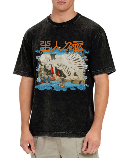 Skeleton Japanese Vintage Washed T-shirt-Zazasy