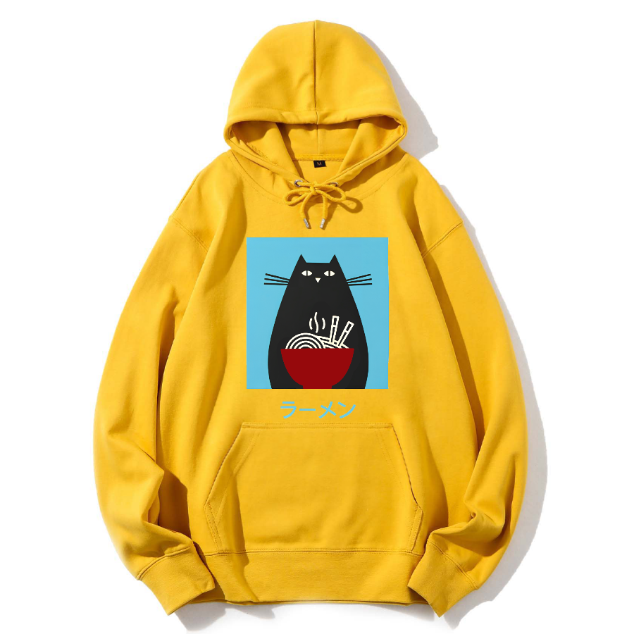 Black cat likes to eat Lamian Noodles Cotton Hoodie