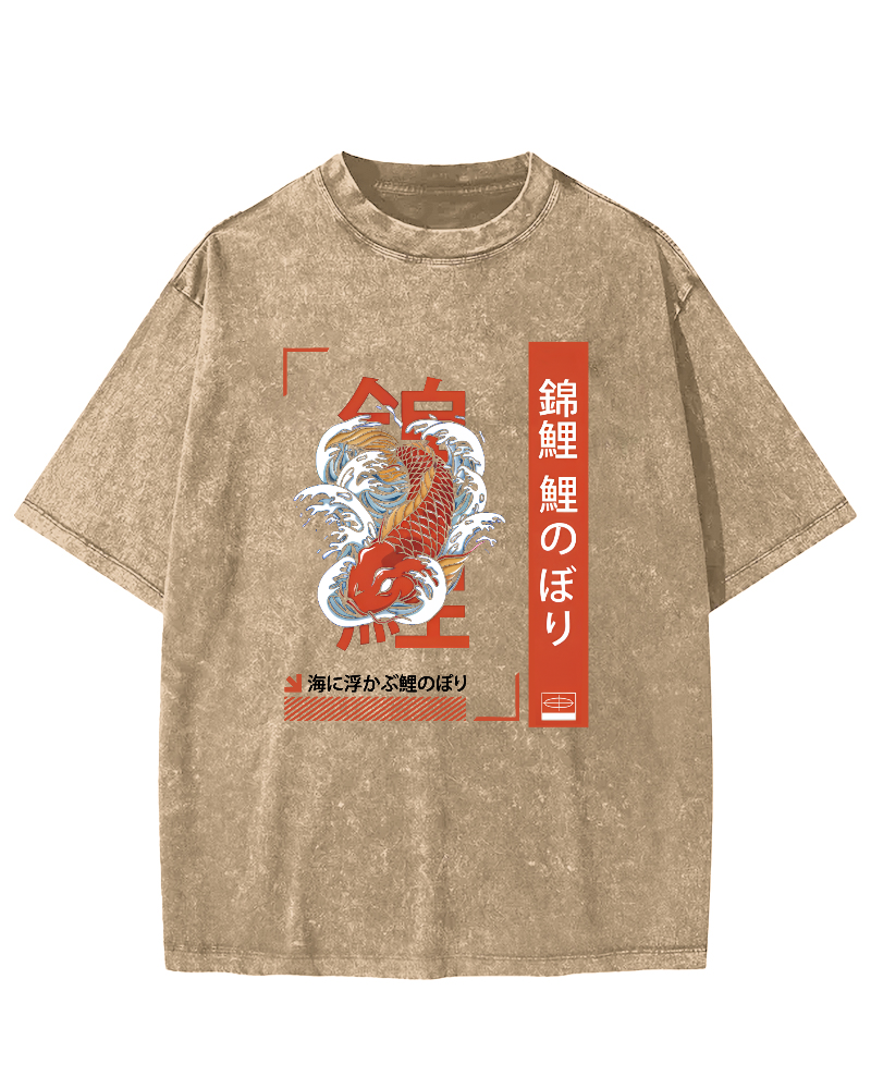 Japanese Script Koi Pattern Vintage Distressed T-shirt-Zazasy