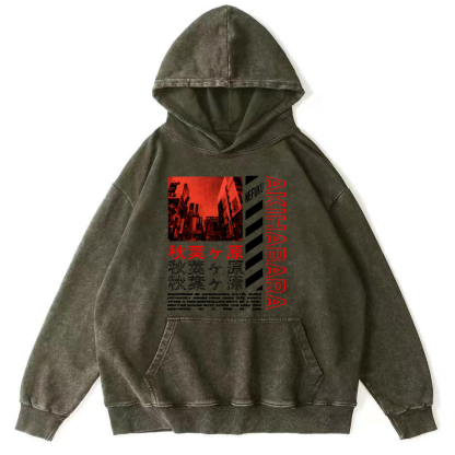 Akihabara Text Vintage Washed Hoodie-Zazasy