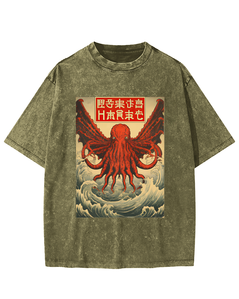 The Japanese Style Octopus Monster in The Huge Waves Vintage Washed T-shirt-Zazasy