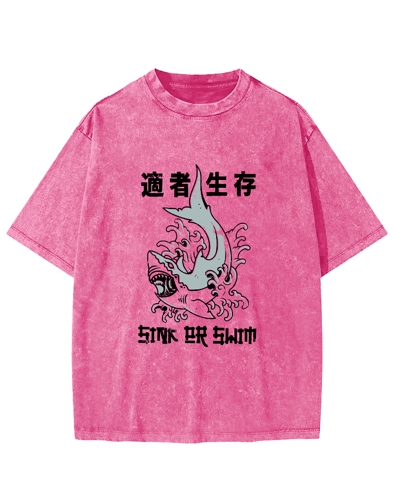 Japanese Script Shark Pattern Vintage Distressed T-shirt-Zazasy