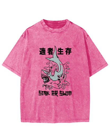 Japanese Script Shark Pattern Vintage Distressed T-shirt-Zazasy
