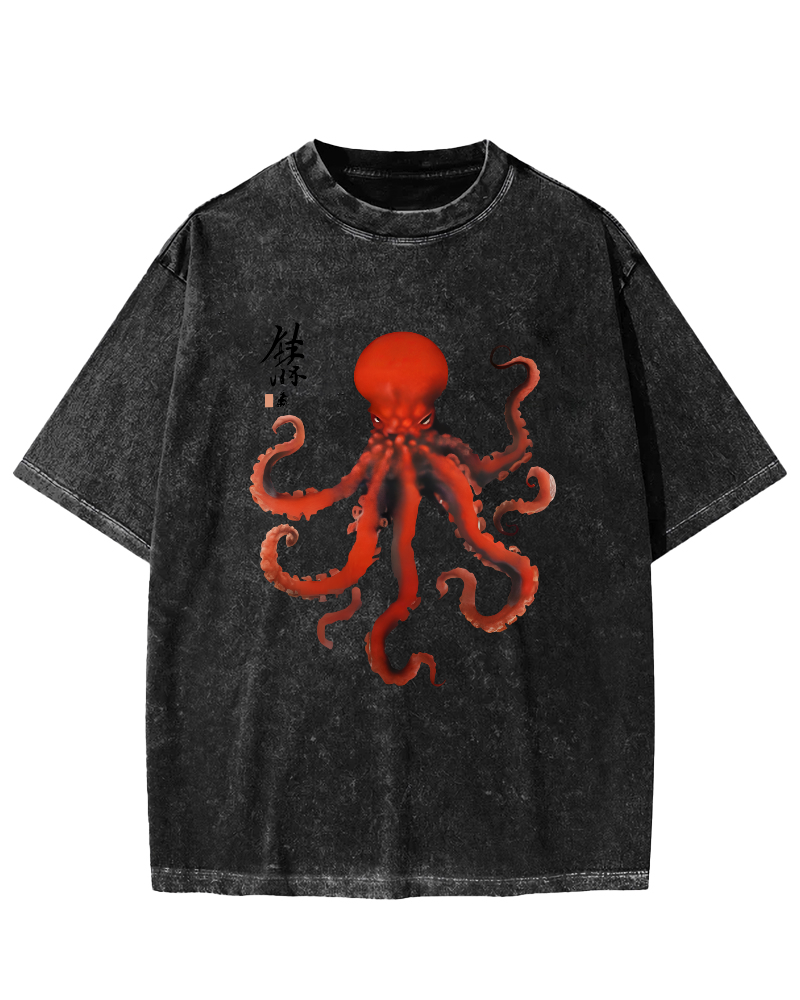 Japanese Octopus Vintage Washed T-shirt-Zazasy