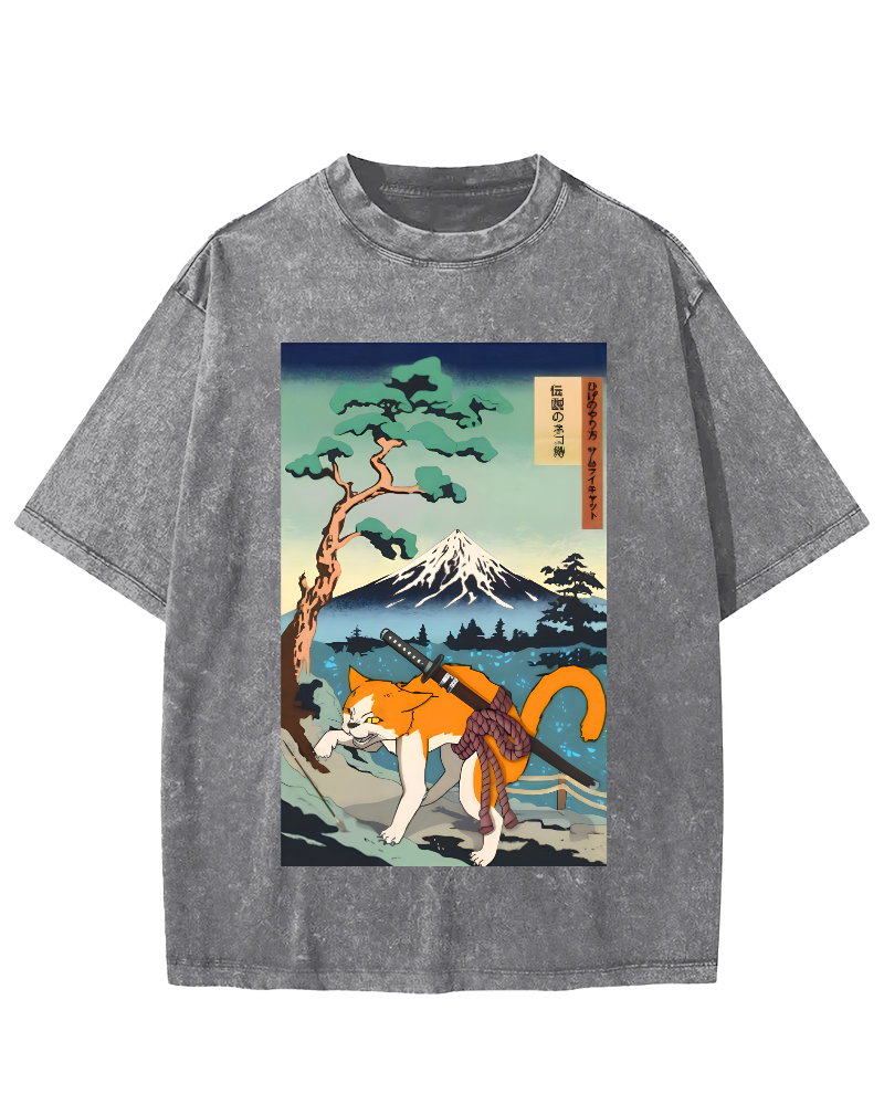 Edo Period Cat Pattern Vintage Washed T-shirt-Zazasy