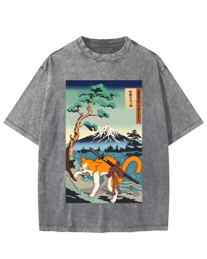 Edo Period Cat Pattern Vintage Washed T-shirt-Zazasy