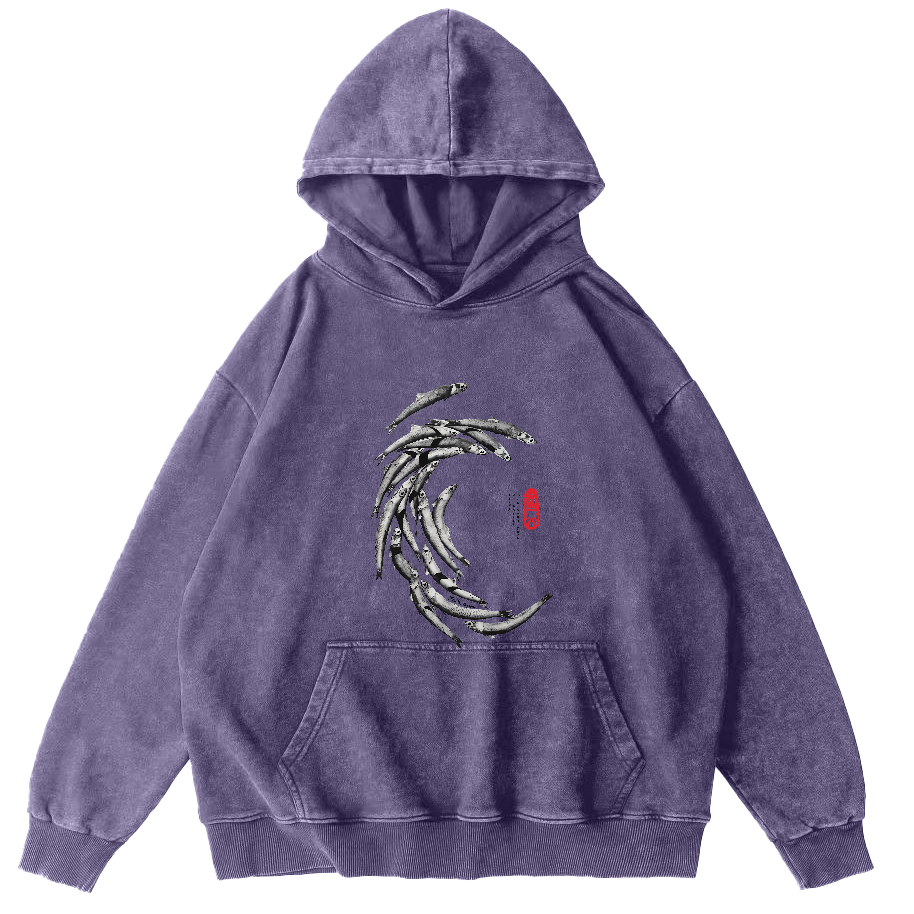 Japanese School Of Fish Pattern Vintage Distressed Hoodie-Zazasy