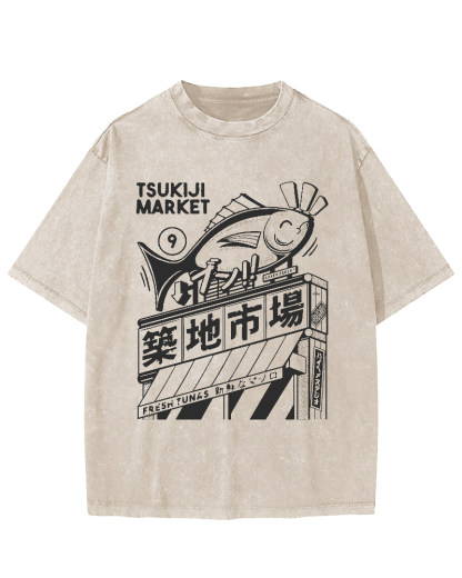 Tsukiji Seafood Market Vintage Washed T-shirt-Zazasy