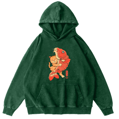 Cat Embracing Koi Fish Vintage Distressed Hoodie-Zazasy