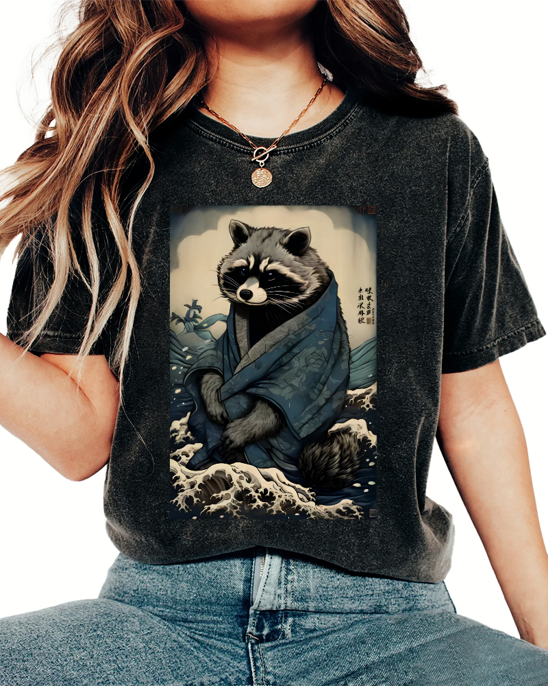 Raccoon in The Waves, Japanese Style Vintage Washed T-shirt-Zazasy