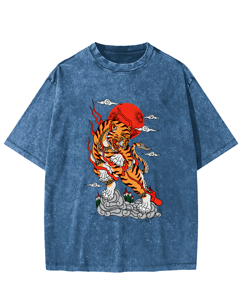 Japanese Sunrise Tiger Pattern Vintage Distressed T-shirt-Zazasy
