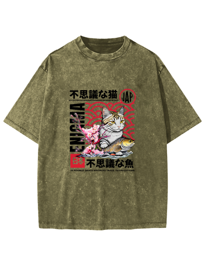 Japanese Cat Pattern Vintage Distressed T-shirt-Zazasy