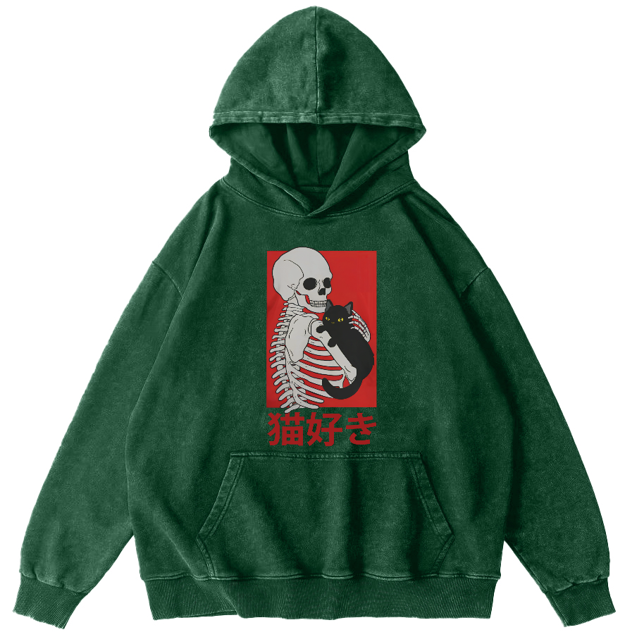 Skeleton and Cat Japanese Style Vintage Washed Hoodie-Zazasy