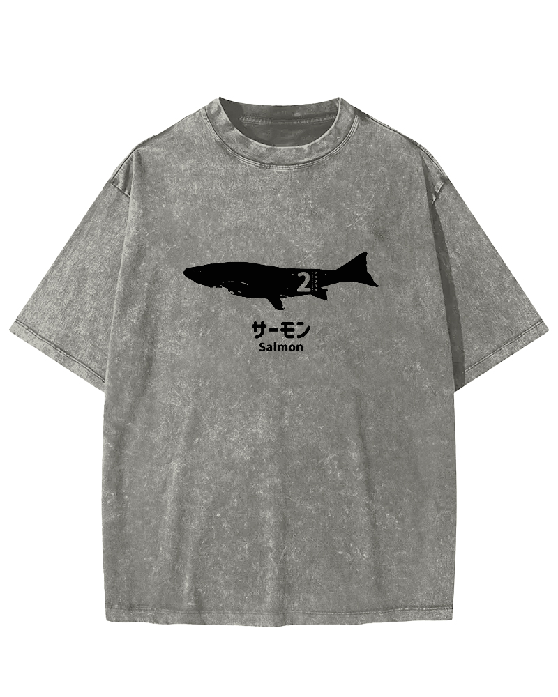 Japanese Script Shark Pattern Vintage Distressed T-shirt-Zazasy