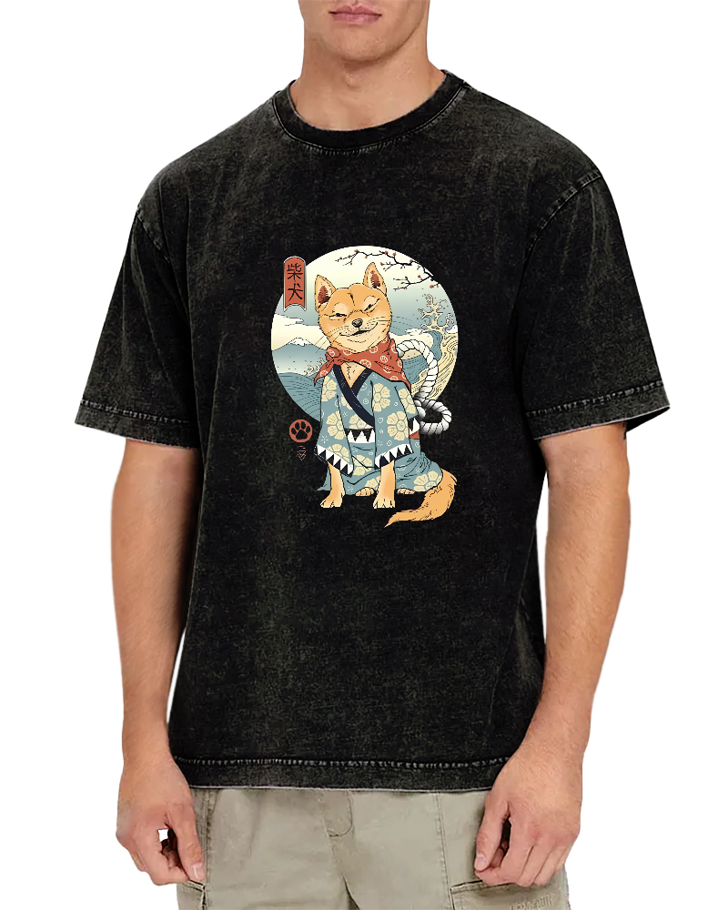 Samurai Shiba Dog Japanese Washed T-Shirt-Zazasy
