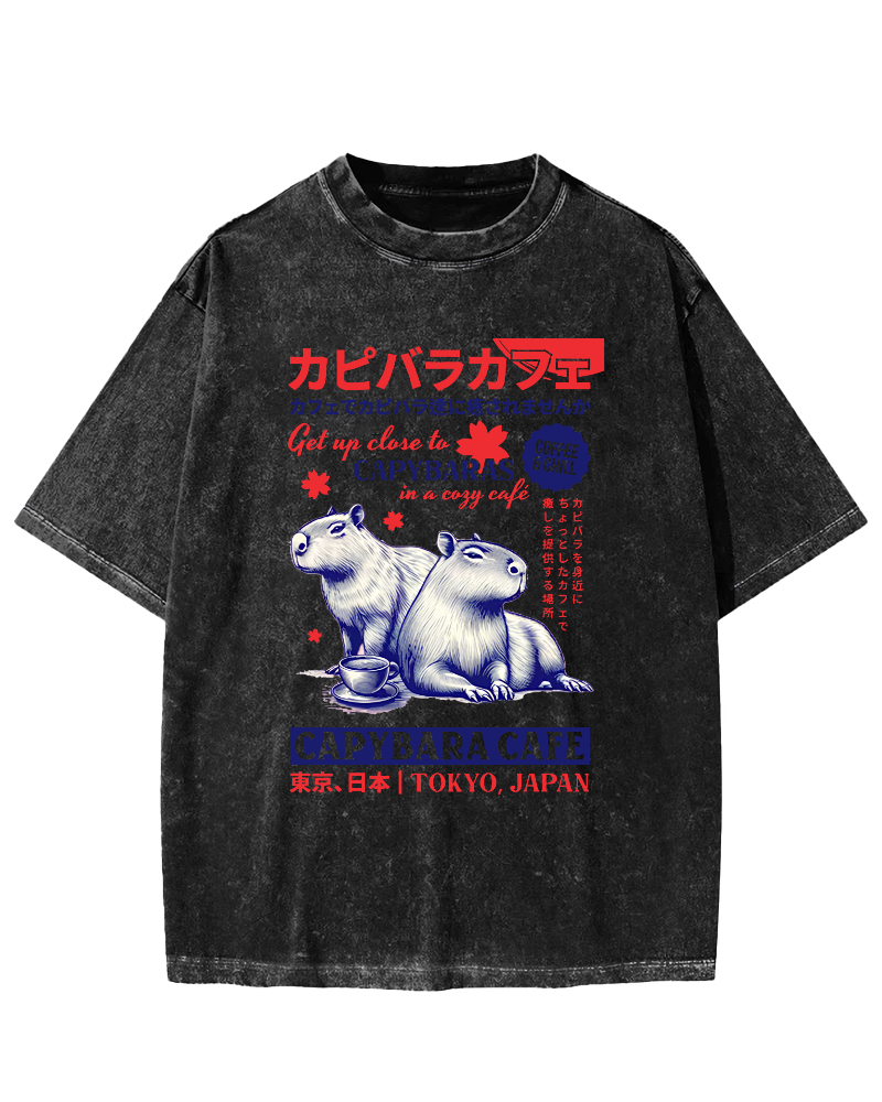 Kyoto Japanese Retro Style Animal Pattern Vintage Washed T-shirt-Zazasy