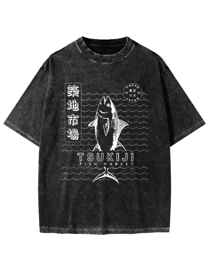 Tuna at Tsukiji Market in Tokyo, Japan Vintage Washed T-shirt-Zazasy