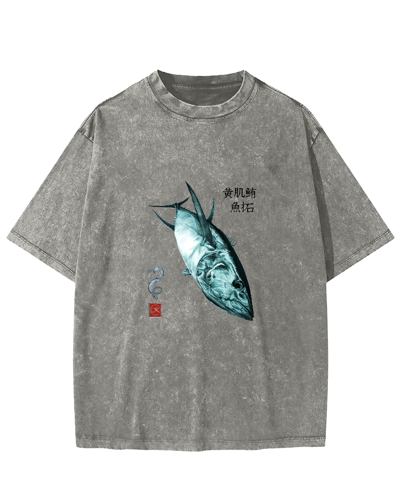 Japanese Tuna Pattern Vintage Distressed T-shirt-Zazasy