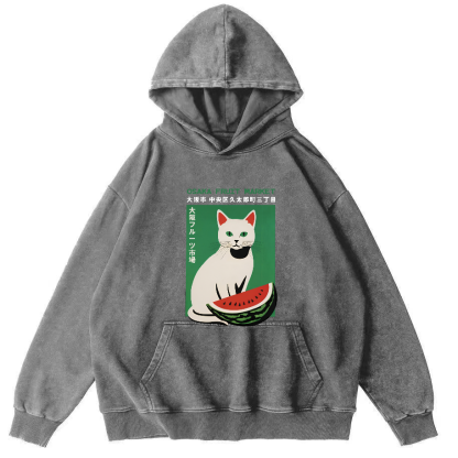 Cat Who Loves To Eat Watermelon Vintage Distressed Hoodie-Zazasy