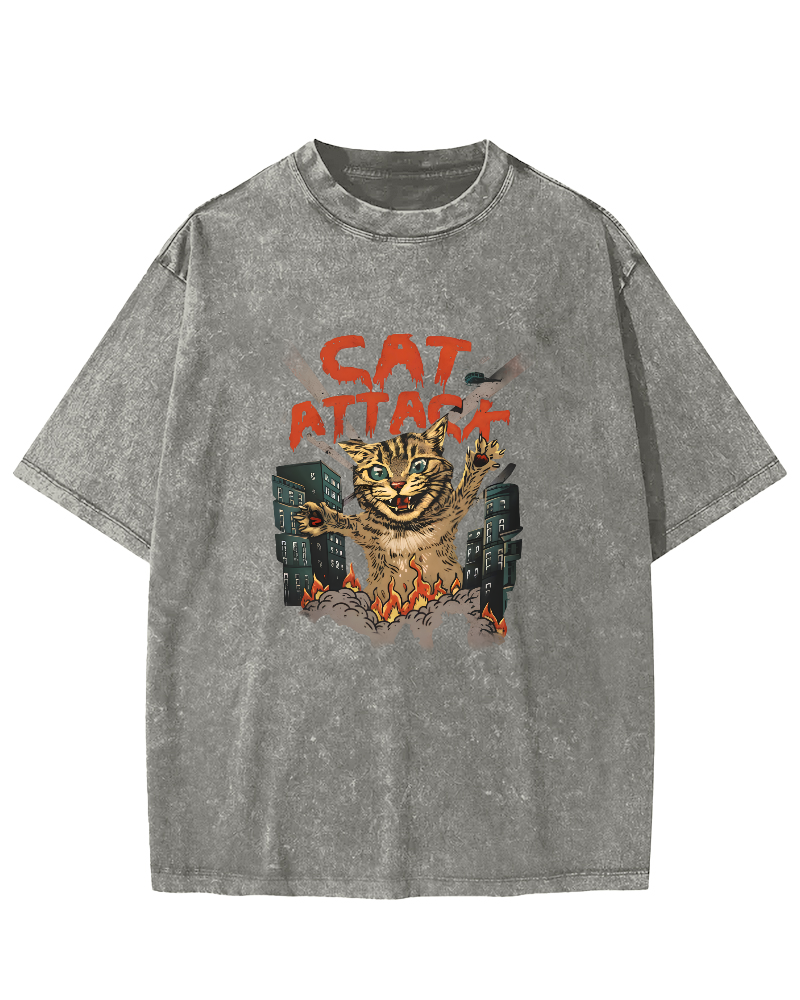Japanese Cat Pattern Vintage Distressed T-shirt-Zazasy