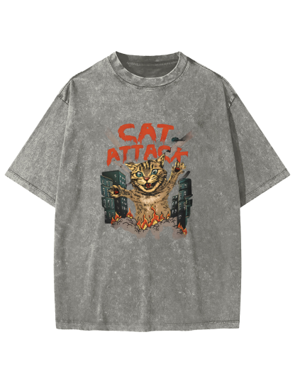 Japanese Cat Pattern Vintage Distressed T-shirt-Zazasy