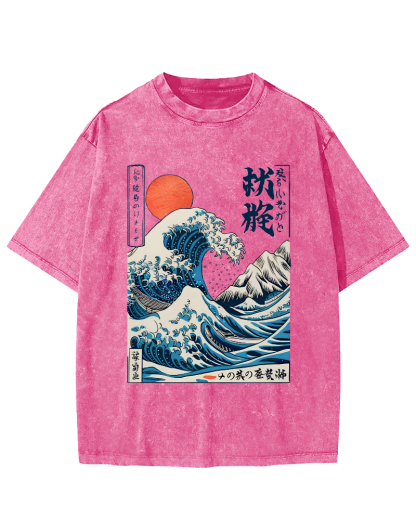 Ukiyo-e ocean Waves Vintage Washed T-shirt-Zazasy