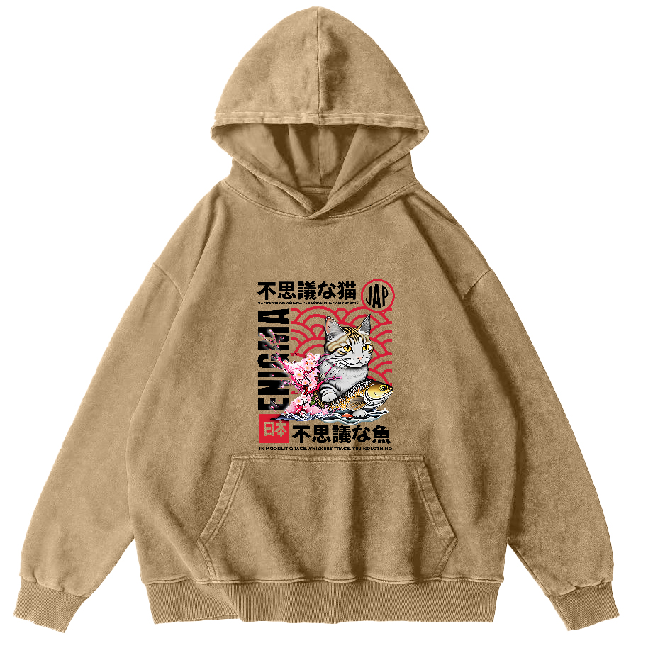 Japanese Cat Pattern Vintage Distressed Hoodie-Zazasy