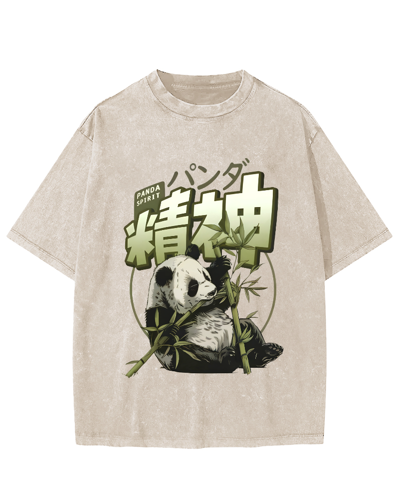 Panda Who Loves Bamboo, Japanese Style Vintage Washed T-shirt-Zazasy